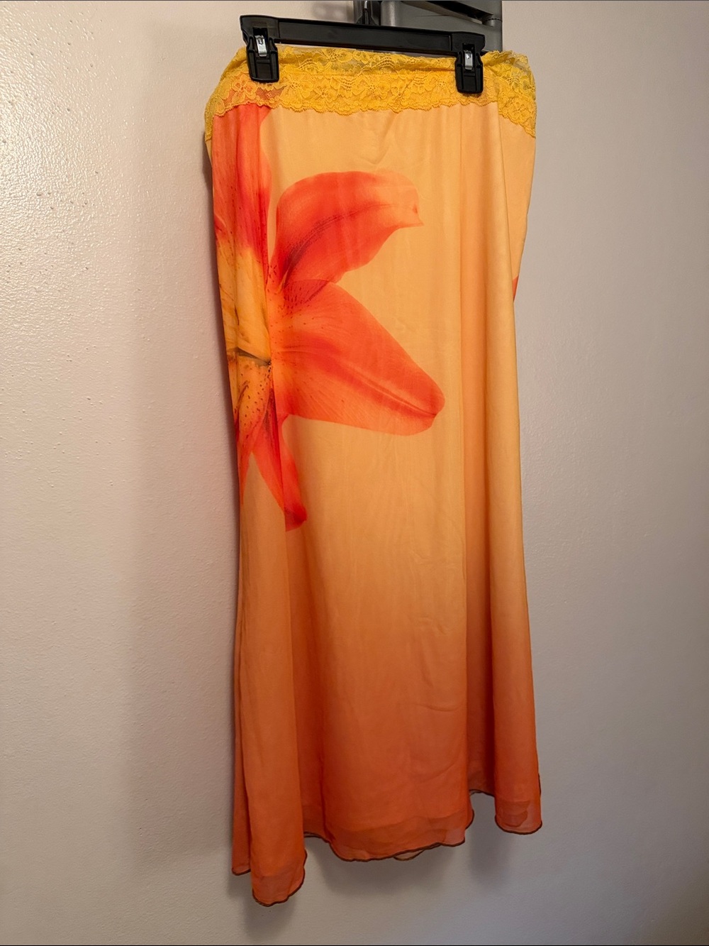 Floral Orange Satin Slip Skirt with Yellow Lace Trim